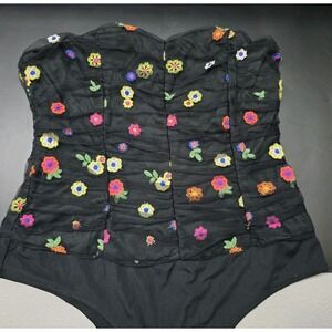 TCEC Women's Black Floral Bodysuit Halter  Large Embroidered Flowers Snap Bottom